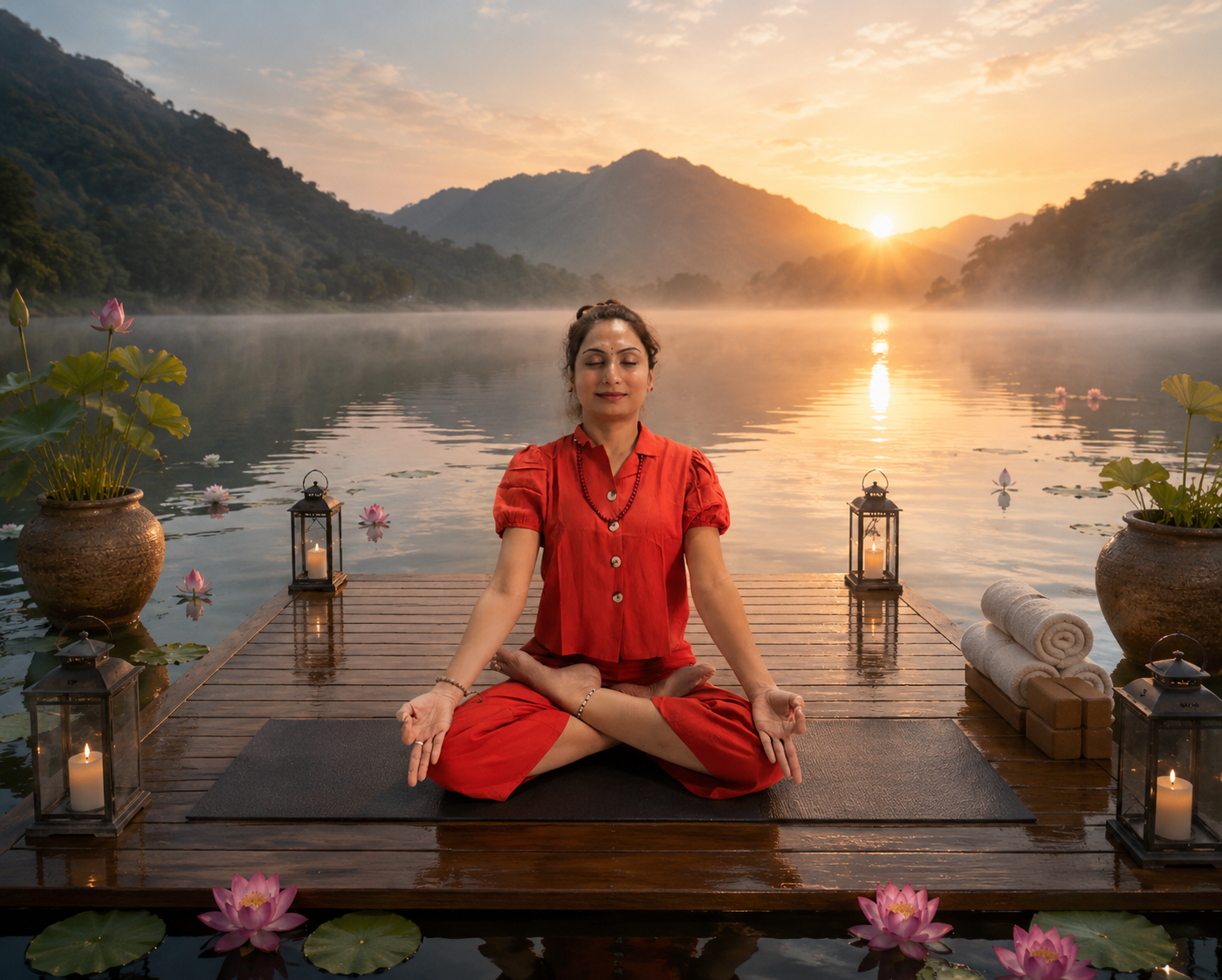 Meditation by the lake at sunrise